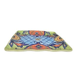 Maxcera Orange Talavera Square Salad Plate Blue Lattice Floral‎ Boho Decor 8in